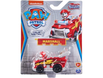 VEHICULE EN METAL PAT PATROUILLE KNIGHTS RESCUE : CHIEN MARCUS ET SA VOITURE POMPIER ROUGE - VOITURE MINIATURE - SPIN MASTER