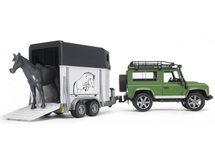 VEHICULE LAND ROVER DEFENDER + REMORQUE + CHEVAL - BRUDER - 02592