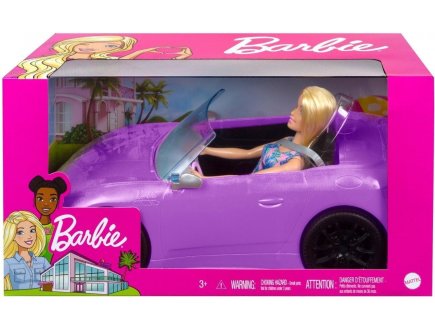 VOITURE CABRIOLET MAUVE BARBIE + POUPEE BARBIE - AUTO SPORTIVE - VEHICULE DECAPOTABLE - MATTEL - HBY29