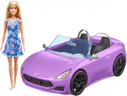 Voiture cabriolet mauve barbie + poupee barbie - auto sportive - vehicule decapotable - Mattel - hby29