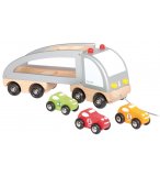 CAMION MULTI BOLIDES EN BOIS A TIRER - JANOD - JOUET A TIRER