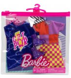 COFFRET 2 TENUES MODE : JUPE A CARREAUX ET TOP + ROBE BLEUE + BOTTES POUR POUPEE BARBIE - VETEMENT - HABIT - MATTEL - HBV69