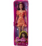 POUPEE BARBIE FASHIONISTAS BRUNE CHEVEUX LONG - ROBE RORANGE A FLEURS AVEC SANDALES - MATTEL - HBV16