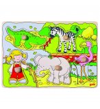 PUZZLE EN BOIS ANIMAUX DU ZOO 5 PIECES - GOKI - PUZZLE A ENCASTRER AVEC BOUTONS - 57590