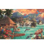 PUZZLE ISLANDE LIFE : OCEAN ET DAUPHIN PERROQUET ET MAISON SUR PILOTIS 2000 PIECES MONTAGE - COLLECTION PAYSAGE - CLEMENTONI - 32569