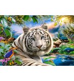 PUZZLE PAYSAGE PARADISIAQUE ET TIGRE BLANC BENGALE - OISEAUX ET PAONS 1500 PIECES - COLLECTION ANIMAUX SAUVAGES