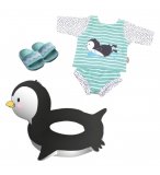 SET DE BAIN PINGOUIN 4 PIECES 35/45 CM : T-SHIRT, SLIP, BOUEE, CLAQUETTES - HELESS - ACCESSOIRES POUPON (69)