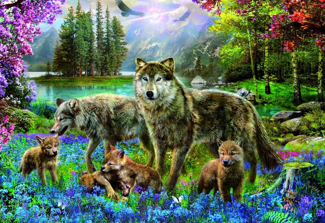 Le loup, la louve et leurs louveteaux