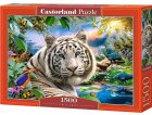 PUZZLE PAYSAGE PARADISIAQUE ET TIGRE BLANC BENGALE - OISEAUX ET PAONS 1500 PIECES - COLLECTION ANIMAUX SAUVAGES